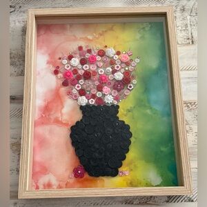 Colorful Button Flower Art in Wooden Frame